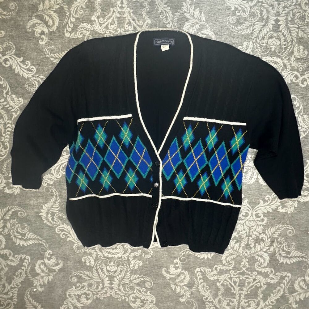 Vintage Maggie Mcnaughton 3xl Argyle Cardigan Sweater Black Women’s